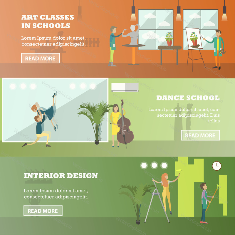 Vector set of art and craft horizontal banners. Art classes in schools, Dance school and Interior design concept in flat style.