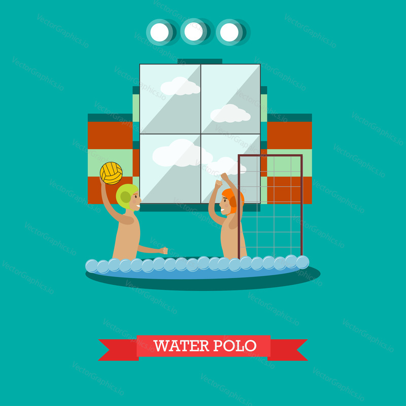 Vector illustration of swimming pool interior and young men playing water game. Water polo concept design element in flat style.