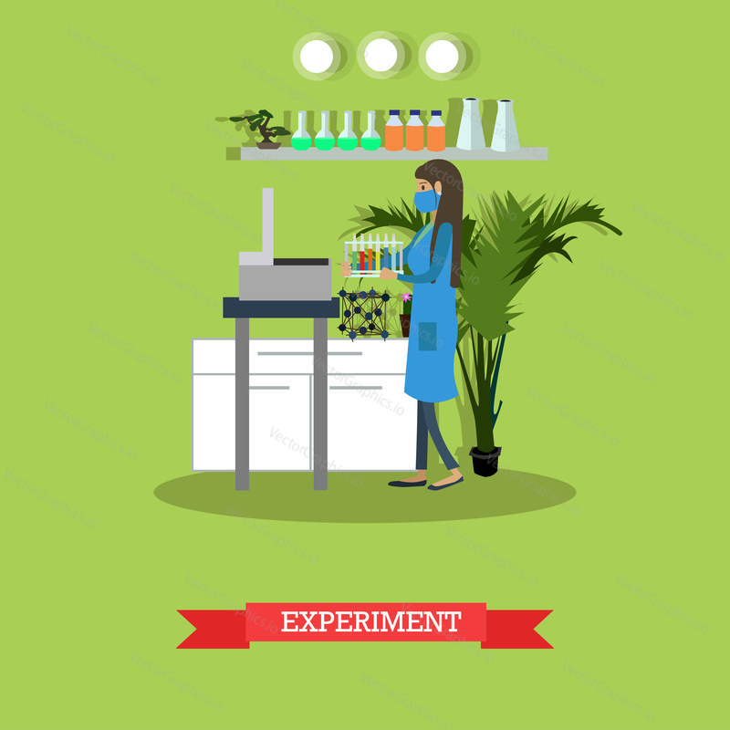 Vektorová ilustrace bioložky nebo chemičky v ochranné masce a laboratorním plášti provádějící experiment. Laboratorní vybavení a interiér. Vědecký experiment designový prvek v plochém stylu.