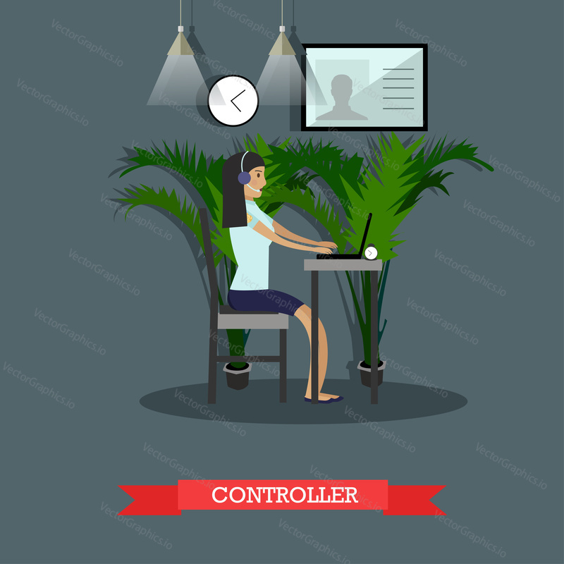 Vector illustration of emergency police service control room operator. Controller female taking incoming calls from public people flat style design.