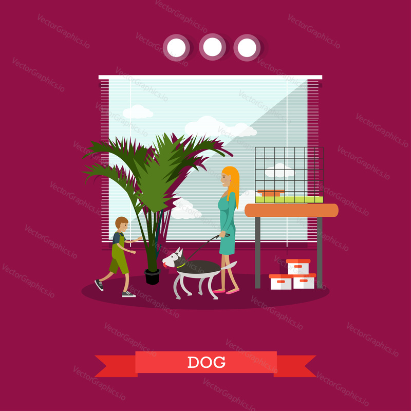 Vector illustration of woman buying a dog for her son. Pet shop interior, happy kid and happy mother flat style design elements.