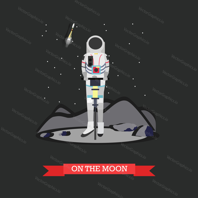 Vektorová ilustrace astronauta na povrchu Měsíce. Moon exploration concept designový prvek v plochém stylu.