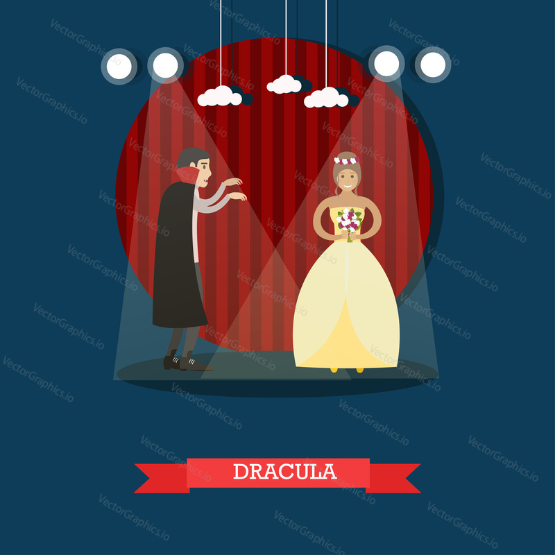 Vector illustration of episode from Dracula horror movie or theatrical performance based on novel by Bram Stoker. Flat style design element.