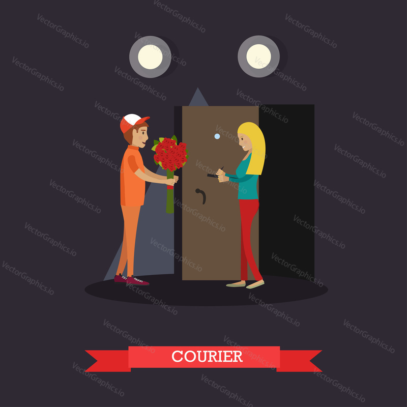 Vector illustration of delivery man delivering bouquet of flowers to young woman. Delivery courier flat style design element.