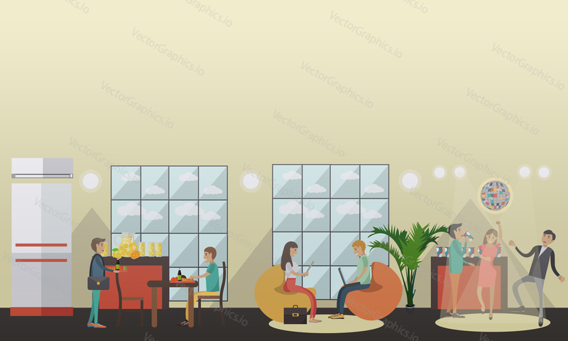 Vektorové ilustrace univerzitních nebo vysokoškolských studentů, kteří relaxují ve společenské místnosti, obědvají v jídelně a baví se na disco party. Plochý design.