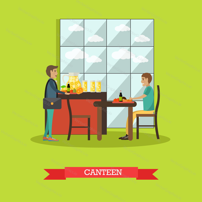 Vector illustration of students having lunch break. Canteen concept design element in flat style.