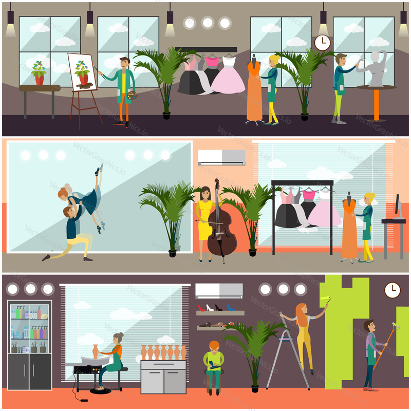 Vector set of art and craft posters, banners. Music, dancing, painting, house painting, ceramics, shoemaking, sculpting and clothing design concept in flat style.