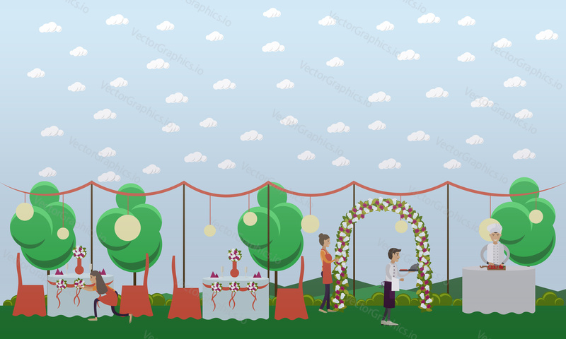 Vector illustration of young women decorating wedding tables and arch for outdoors wedding party. Chef and restaurant staff preparing food for wedding reception. Flat style design elements.