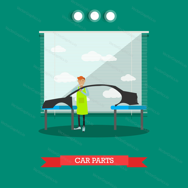 Vektorové ilustrace továrního pracovníka stojícího poblíž karoserie. Závod na montáž automobilů. Automobilový průmysl, konstrukční prvek automobilových dílů v plochém stylu.