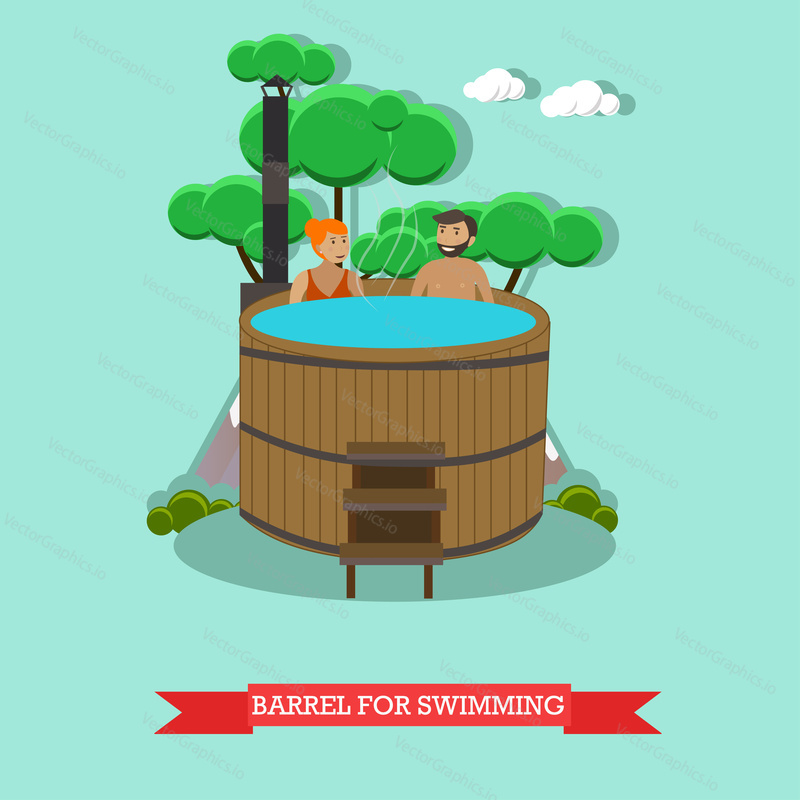 Vector illustration of young couple enjoying barrel, japanese hot tub. Spa procedures concept design element in flat style