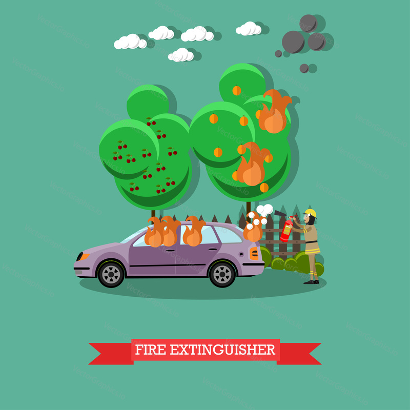 Vector illustration of fireman using extinguisher to remove fire from automobile. Fire extinguisher design element in flat style.