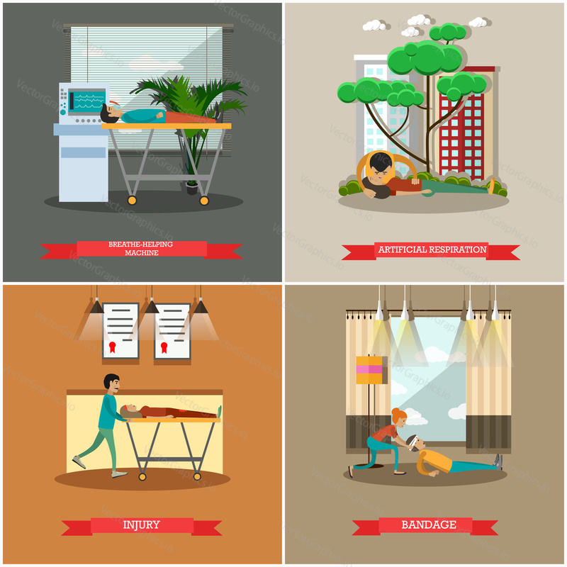 Vector set of first aid posters. Breathe-helping machine, Artificial respiration, Injury, Bandage flat style design elements.