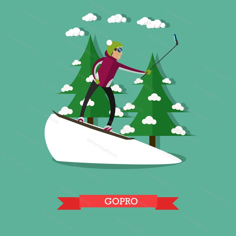 Vektorová ilustrace snowboardisty na trati při selfie s akční gopro kamerou a gostick monopod. Plochý design.