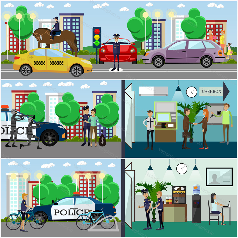 Vector set of police concept posters. Police station, policemen in office and outside, mounted police, transport flat style design elements.