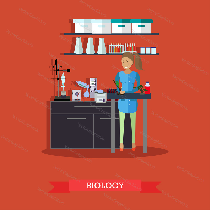 Vektorová ilustrace konceptu biologie v plochém stylu. Interiér biologické laboratoře s laboratorním sklem a zařízením. Biolog žena provádění experimentu.