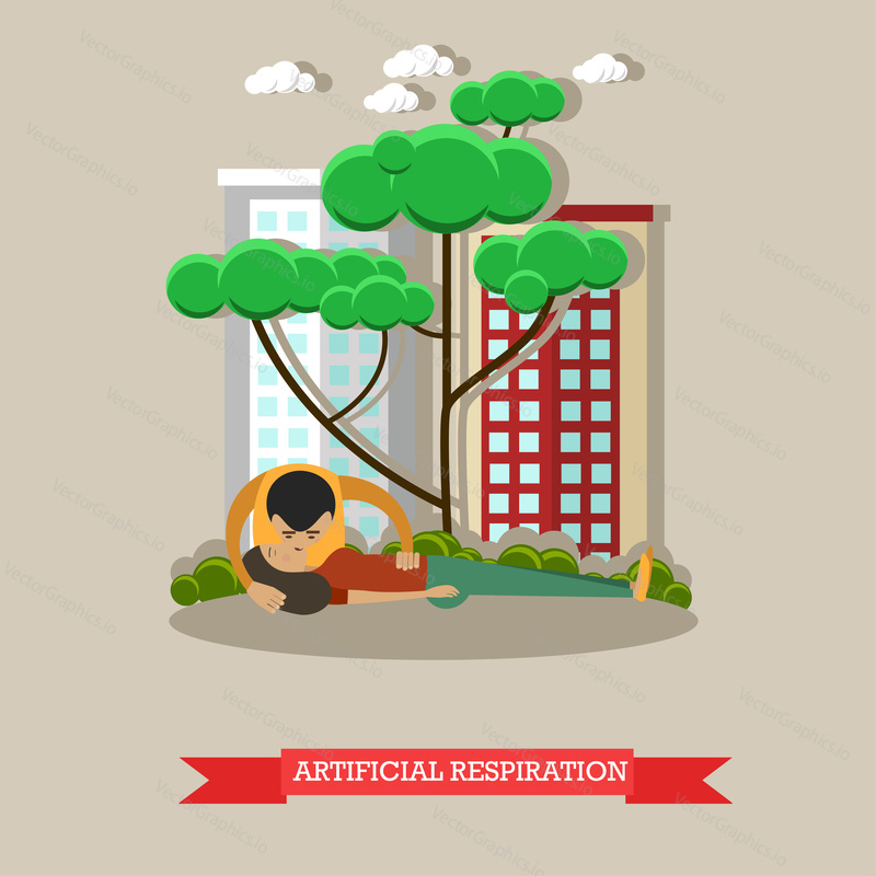 Artificial respiration vector illustration. Young man applying first aid to woman suffering from heart attack. Pulmonary ventilation or mouth-to-mouth resuscitation flat style design element.