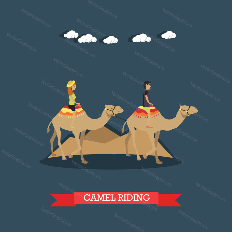 Vektorové ilustrace turistů Mladý pár na koni velbloudi. Výlet do Egypta koncept plochý styl designový prvek.