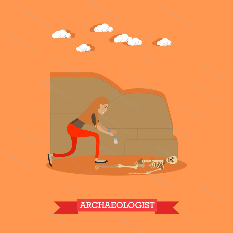 Vektorová ilustrace archeologky pracující na archeologickém nalezišti. Lidské ostatky. Archeolog profese designový prvek v plochém stylu.