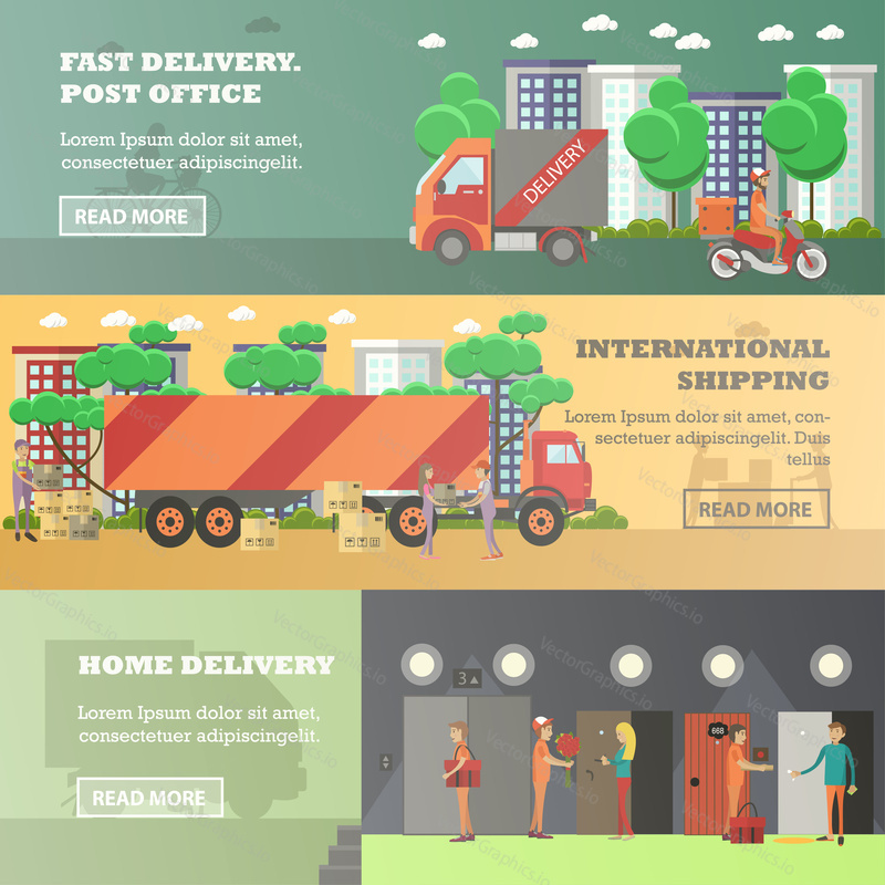 Vector set of delivery horizontal banners. Fast delivery. Post office, International shipping, Home delivery flat style design elements.