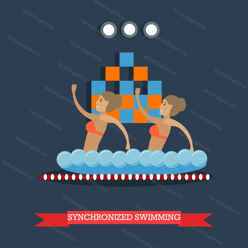 Vector illustration of swimming pool interior and two girls doing water sports. Synchronized swimming performance concept design element in flat style.
