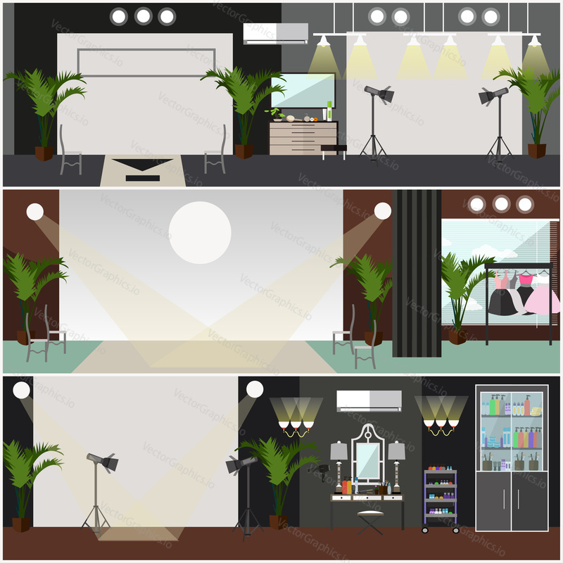 Vector set of fashion interior posters, banners. Catwalk, photographic and lightning equipment flat style design elements.