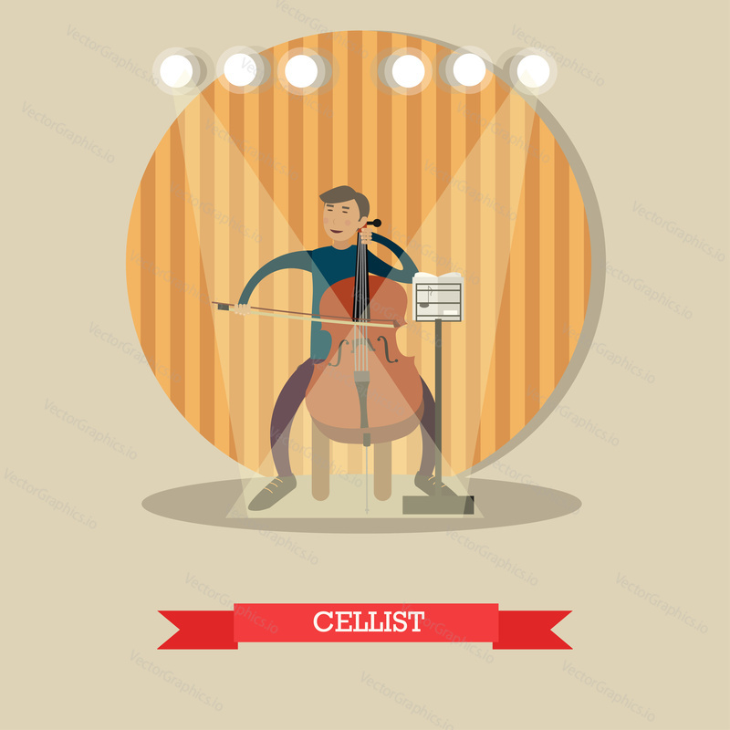 Vektorová ilustrace mladého hudebníka hrajícího na violoncello. Violoncellista hrající klasickou hudbu plochý designový prvek.