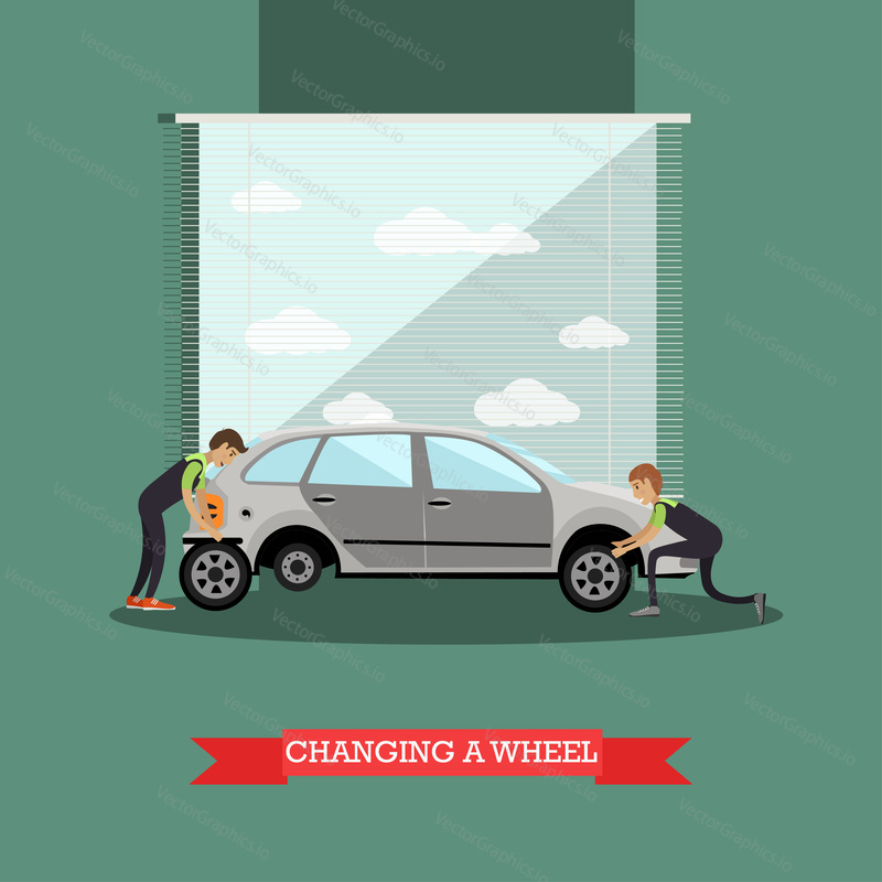 Wheel change, auto service concept vector illustration. Repairmen changing auto wheels, flat style design elements.
