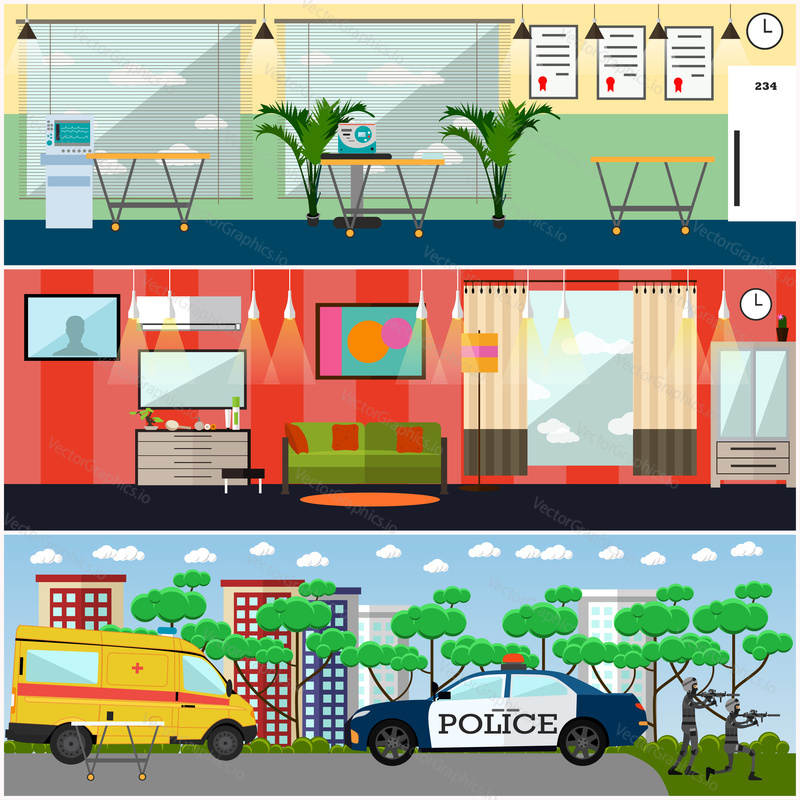Vector set of first aid interior posters. Home, outside and hospital first aid flat style design elements.