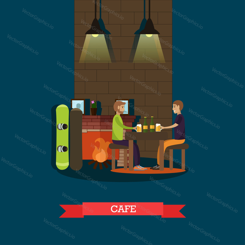 Mountain cafe vektorové ilustrace. Snowboardisté muži sedí u krbu a pití piva plochý designový prvek.