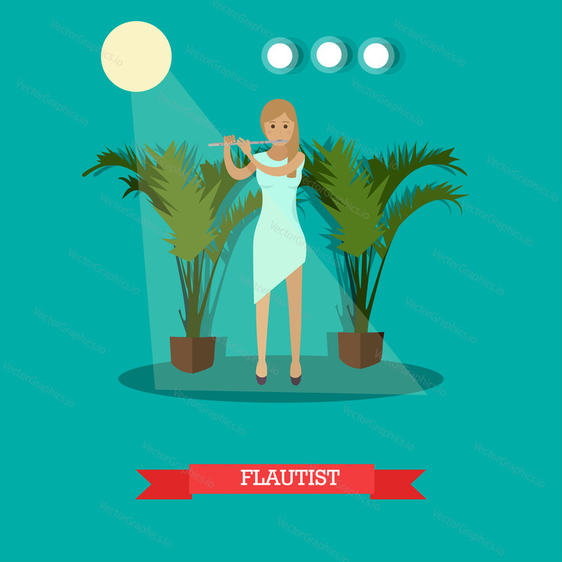 Vektorová ilustrace hudebníka flétnisty hrajícího na flétnu dechový hudební nástroj. Mladá žena flétnista plochý styl designový prvek.