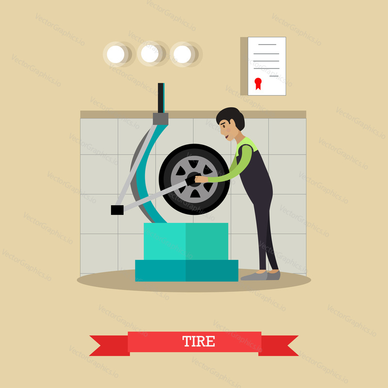 Tire service, wheel balancing concept vector illustration. Equipment for automotive service, repairman, flat style design.