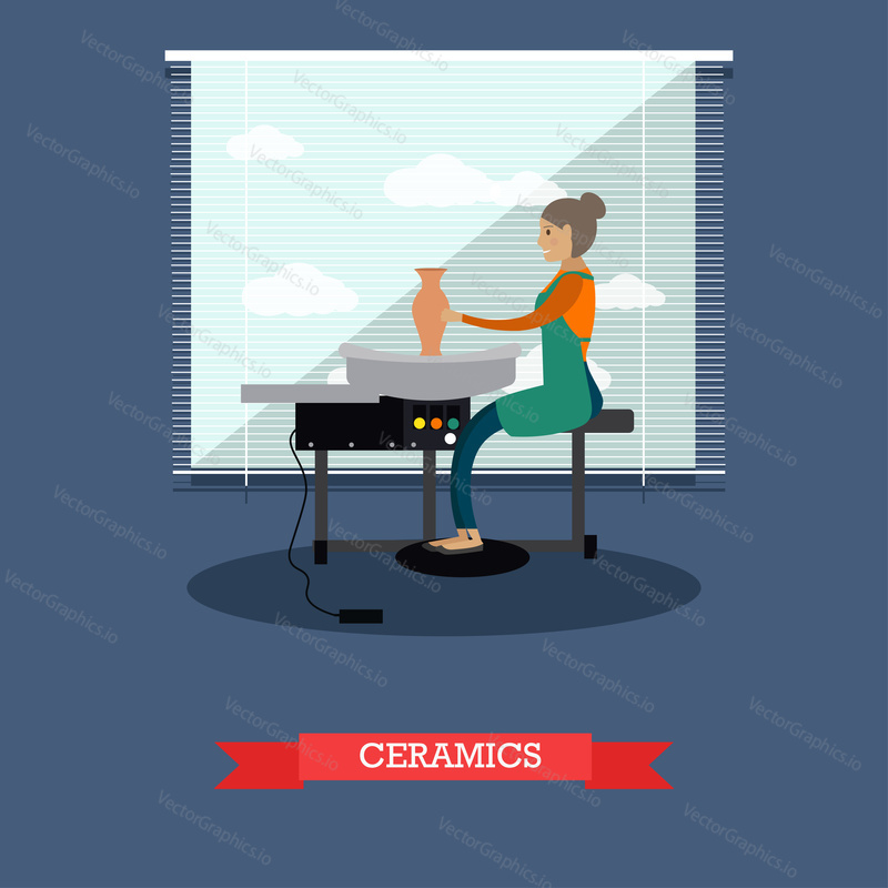 Векторная иллюстрация творческой молодой женщины за работой. Ремесла профессионального керамиста. Гончарный круг. Керамика, элемент концептуального дизайна керамики в плоском стиле.