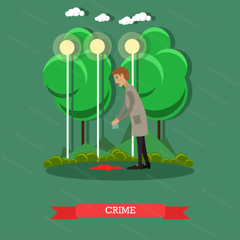 Crime scene investigation vector illustration. Detective doing a crime scene search flat style design element.