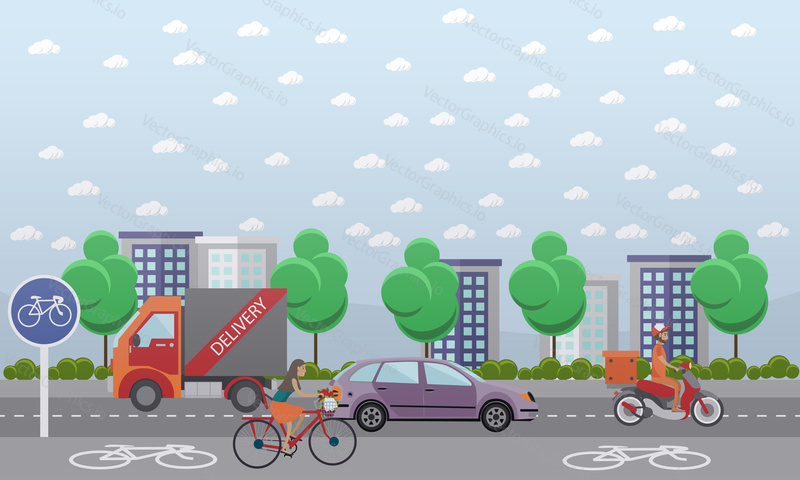 Vector set of food delivery posters, banners. Couriers delivering food, flower and parcels by bicycle, by truck and by motor scooter. City street. Flat style design.