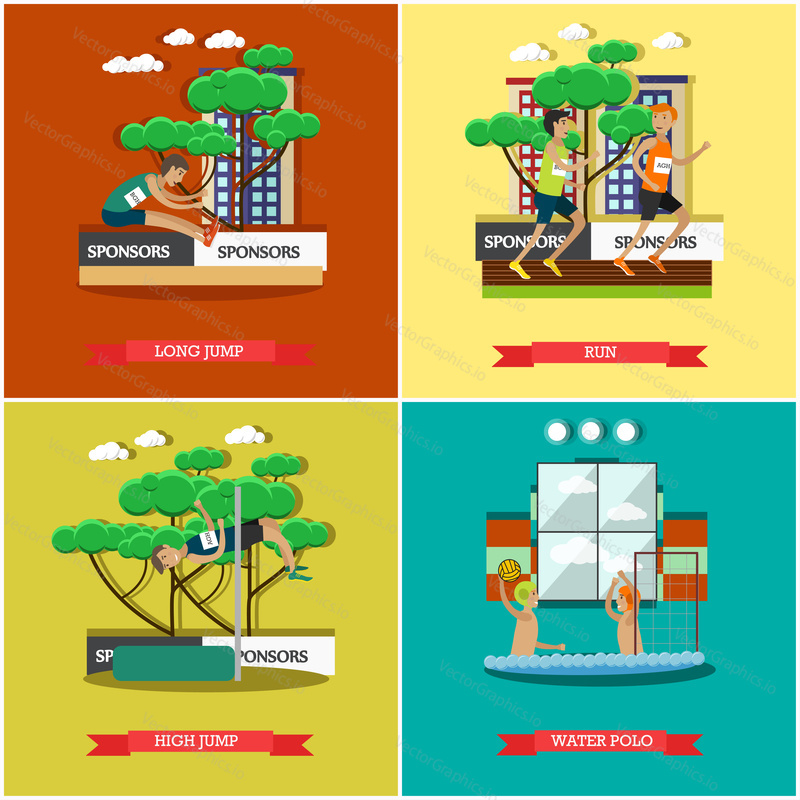 Vector set of track and field athletics and aquatics concept posters, banners. Long jump, Run, High jump and Water polo flat style design elements.