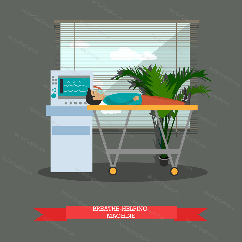 Mechanical ventilation concept vector illustration. First aid in hospital for man suffering from allergies or asthma. Breathing machine flat style design element.