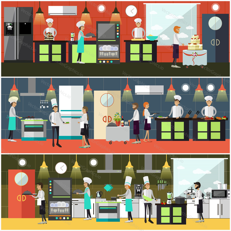 Vector set of cook posters, banners. Restaurant people chef, cooks preparing food, baking pastry, waiter and waitress getting ready meals flat style design elements.