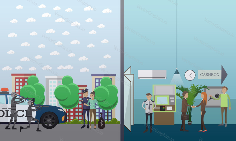 Vector illustration of special forces and policeman catching bank robber female. Robber caught concept design element in flat style