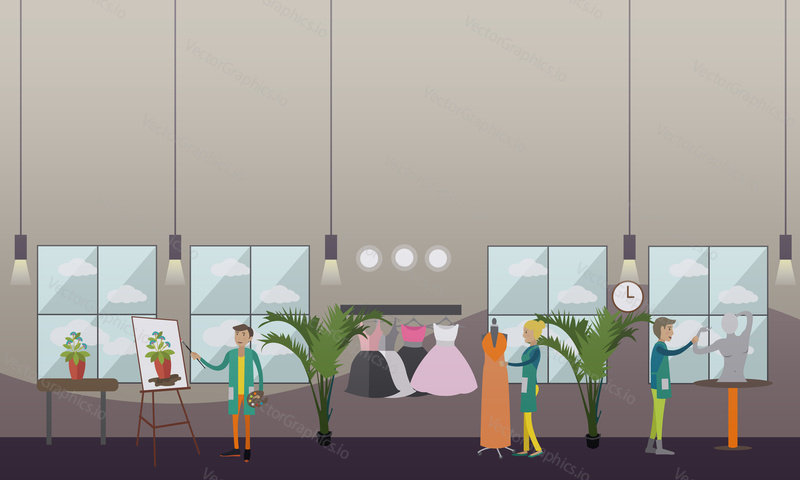 Vector illustration of fashion clothing stylist, artist painter and sculptor at work. Clothing design studio, art studio interior. Arts and crafts concept flat style design.