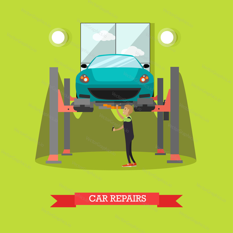 Car repair concept vector illustration. Mechanic young man repairing automobile standing on car lift. Car service, auto repair shop flat style design.