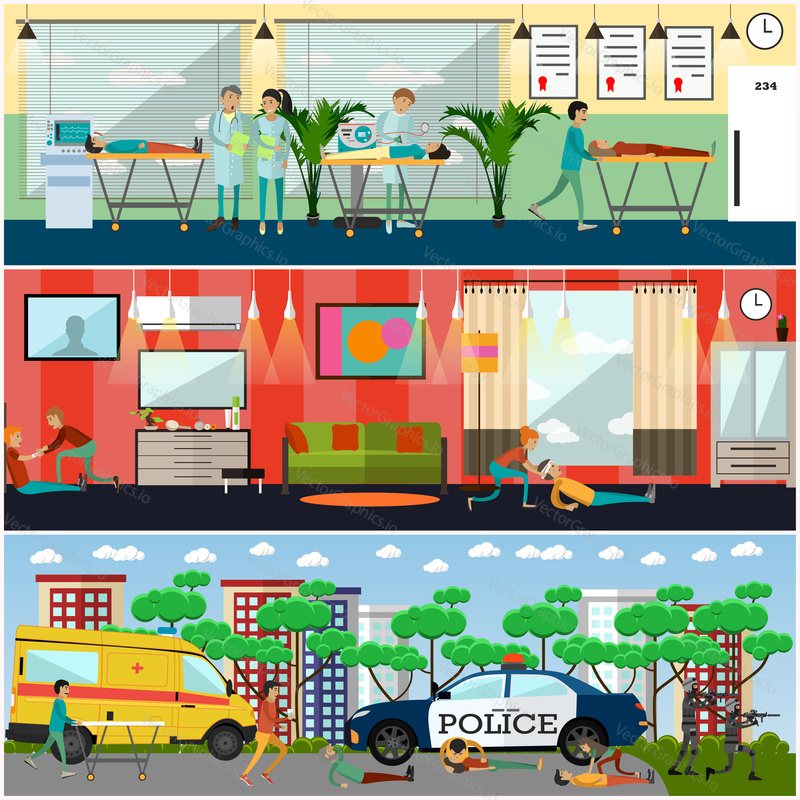 Vector set of emergency first aid posters. Home, outside and hospital first aid flat style design elements.