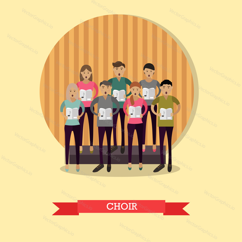 Vector illustration of choir singing without accompaniment. Group of young singers male and female in flat style.