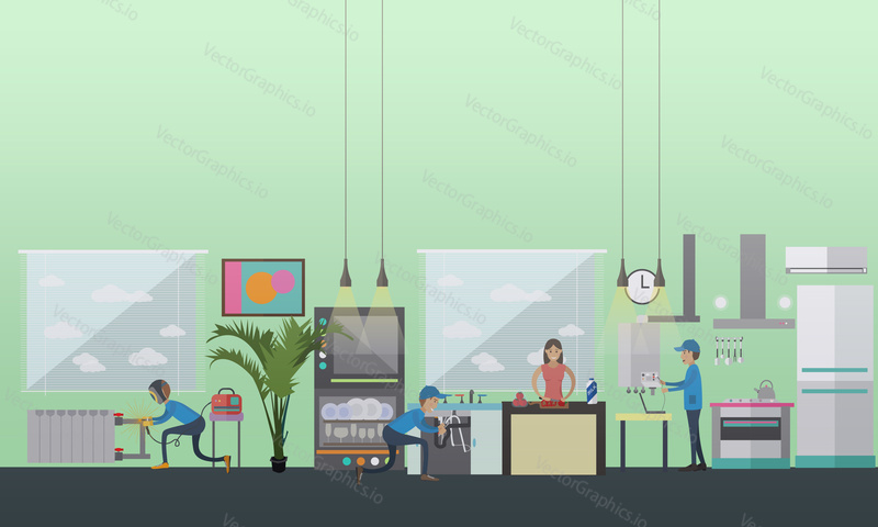 Vector illustration of plumbers repairing or installing sink and copper pipes, gas boiler in house. Plumbing services flat style design elements.
