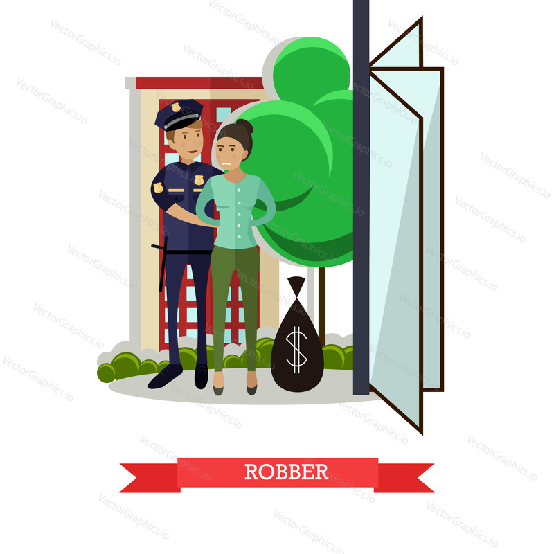 Vector illustration of policeman catching robber female in the act. Flat style design element.