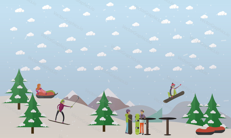 Vektorová ilustrace sjezdové tratě pro snowboarding, lyžování a tubing. Alpská sjezdovka. Snowcapped mountain plochý styl designový prvek.