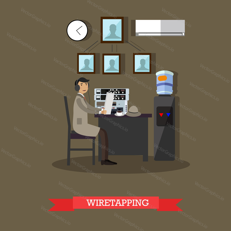 Векторная иллюстрация детектива, работающего в офисе с использованием наушников и устройства для прослушки. Элемент дизайна в плоском стиле.