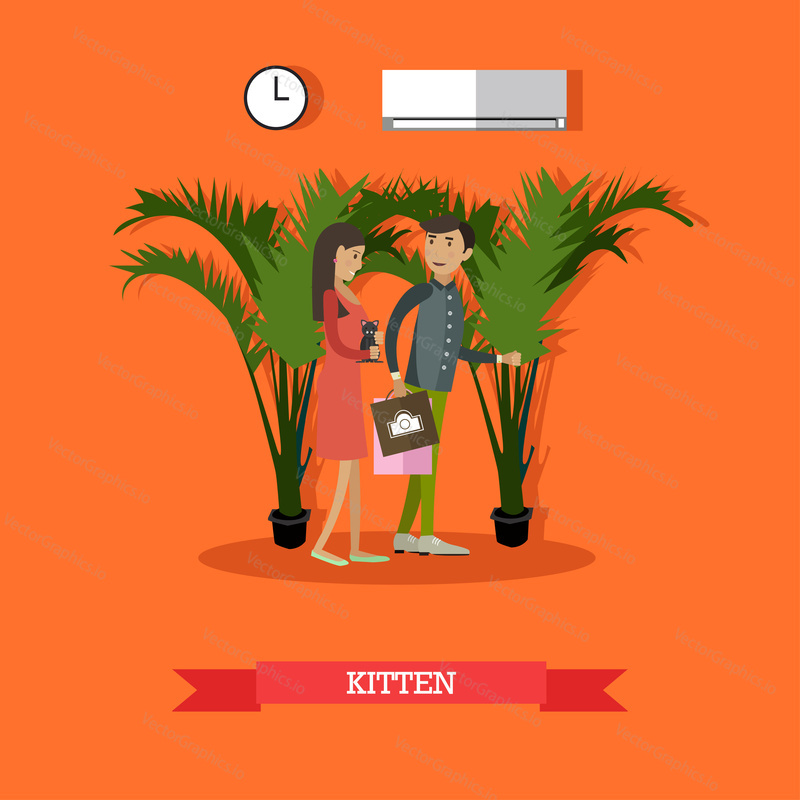 Vector illustration of young couple with kitten. Buying little cat flat style design element.