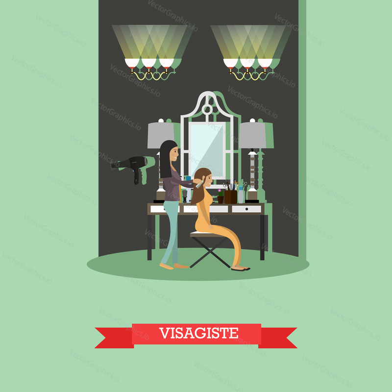 Vector illustration of makeup artist female preparing model for fashion show. Visagist concept design element in flat style