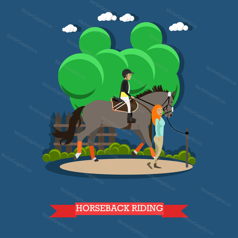 Vektorové ilustrace chlapce na koni šedý kůň s instruktorem mladá žena. Jízda na koni koncept designový prvek v plochém stylu.