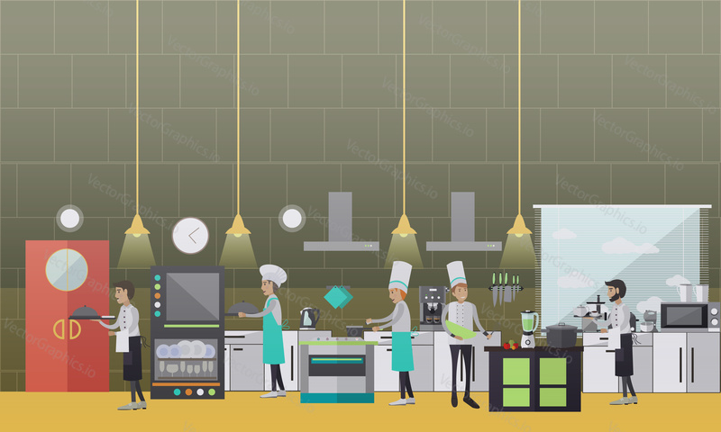 Restaurant cook vector illustration. Cooks males preparing food, waiters getting ready meals, kitchen room interior flat style design elements.